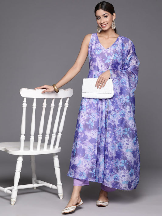 Dhiyona VA Women's Floral Printed Empire Gotta Patti Kurta with Trousers & With Dupatta