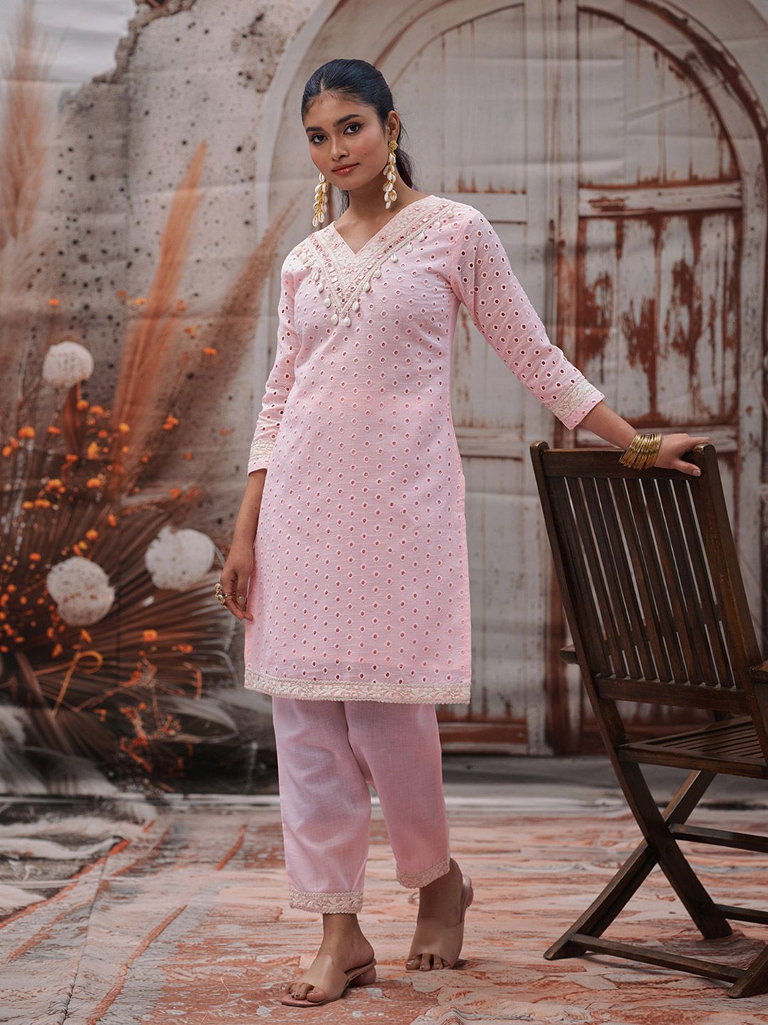 Dhiyona CH Women Solid Yoke Design Cotton Kurta with Trousers