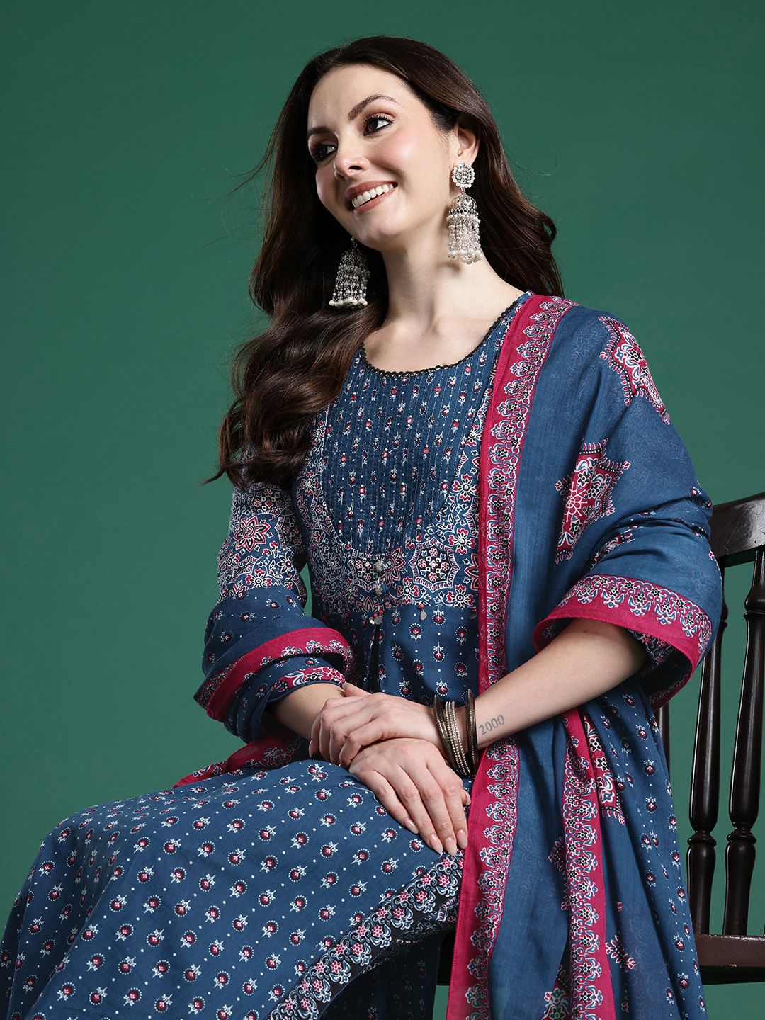 Ethnic Motifs Printed Mirror Work Pure Cotton Kurta with Trousers & With Dupatta