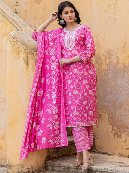 Dhiyona VA Women'sFloral Printed Regular Thread Work Kurta with Trouser & Dupatta
