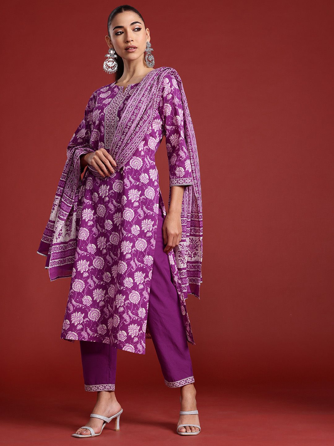 Floral Printed Mirror Work Pure Cotton Kurta With Trousers & Dupatta