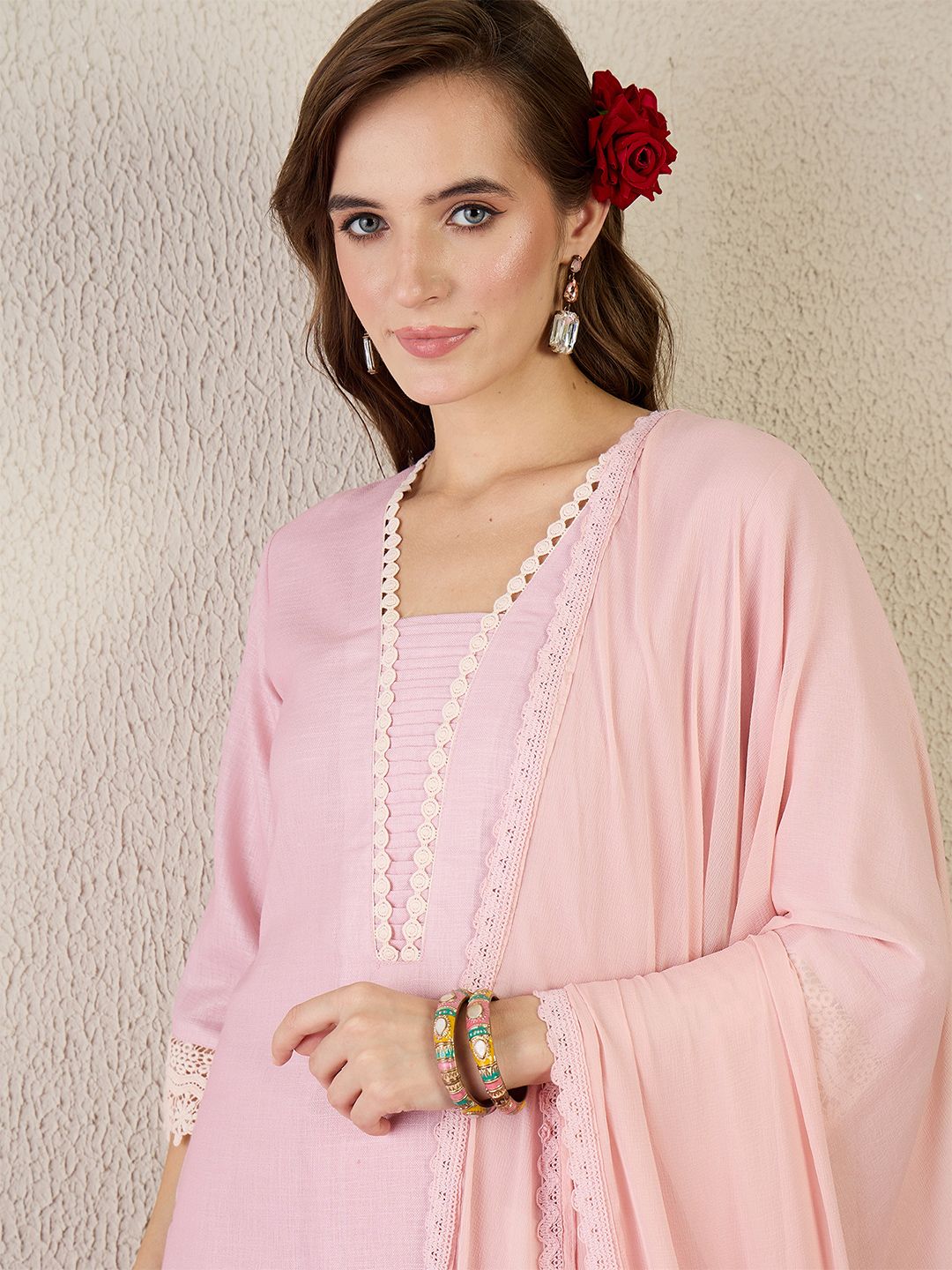 Dhiyona IE Floral Printed V Neck Straight Kurta With Trouser & Dupatta