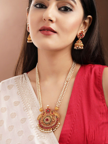 Dhiyona RJ Women's 22K Gold Plated Ruby Emerald & Cubic Zirconia Studded Pearl Beaded Jewellery Set