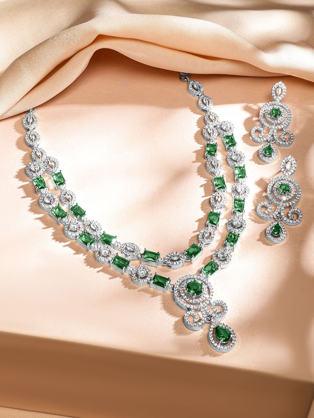Dhiyona RJ Women's Rhodium-Plated Emerald Green & White Cubic Zirconia Double Layer Luxe Jewellery Set