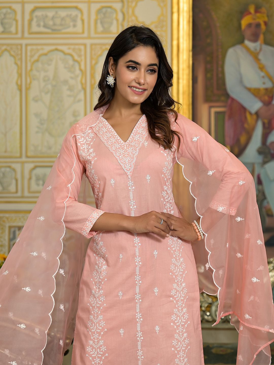 Dhiyona VA Women's Floral Embroidered Regular Pure Cotton Kurta with Trousers & With Dupatta
