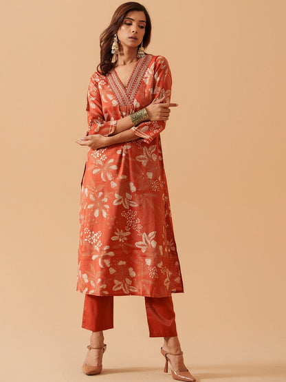 Dhiyona SN Women's Floral Printed Chanderi Cotton V-Neck Straight Kurta With Trousers