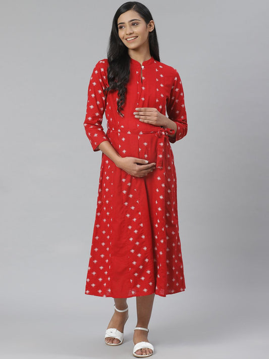 Dhiyona AY Women's Red & White Printed Pure Cotton Maternity A-Line Dress