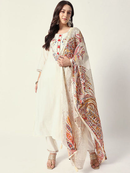 Dhiyona IS Women's Floral Yoke Design Thread Work Straight Kurta With Trousers And Dupatta