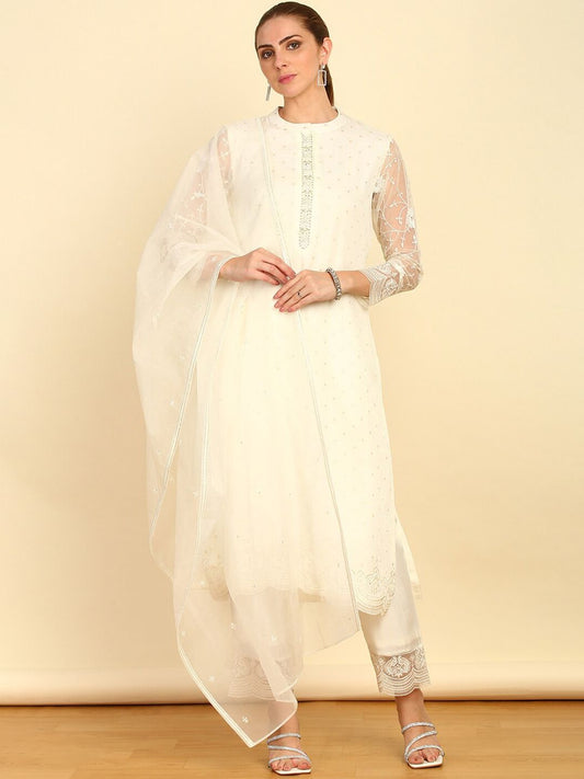 Dhiyona SO Women's Floral Embroidered Sequinned Mandarin Collar Straight Kurta With Trousers & Dupatta