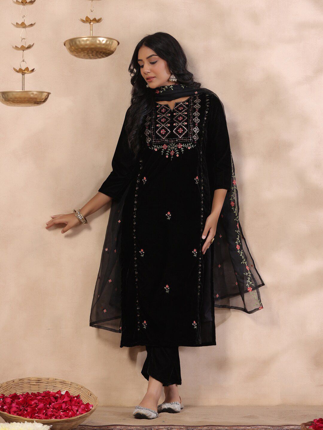 Dhiyona IS Women's Ethnic Motifs Thread Work Notch Neck Velvet Yoke Design Kurta With Trouser & Dupatta