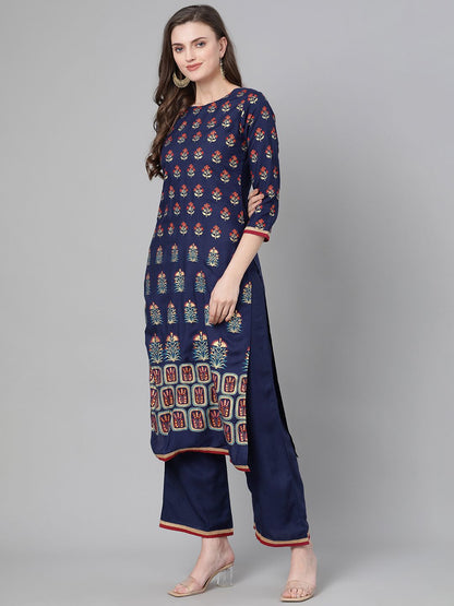 Women Navy Blue & Green Foil Print Kurta with Palazzos & Dupatta