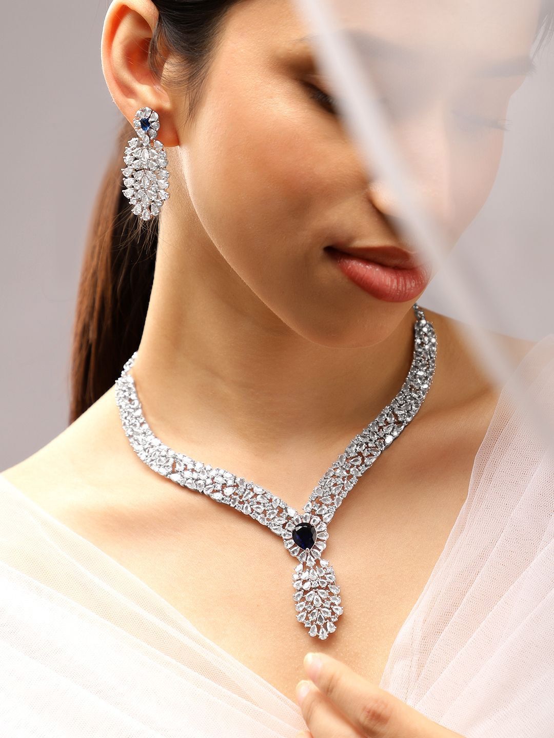 Dhiyona RJ Women's Rhodium-Plated Rich Purple Cubic Zirconia Floral & Leaf-Inspired Luxe Jewellery Set