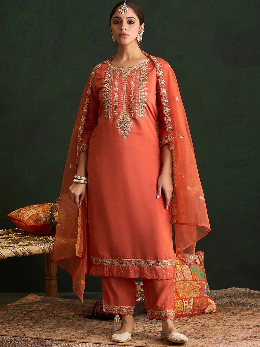 Dhiyona IE Ethnic Motifs Embroidered Gotta Patti Straight Kurta With Trousers & Dupatta