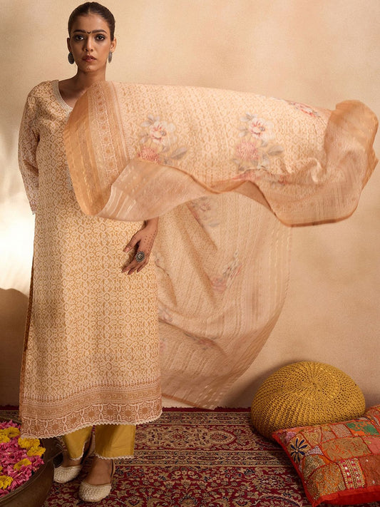 Dhiyona IE Ethnic Motifs Printed Pure Cotton Straight Kurta with Trousers & Dupatta