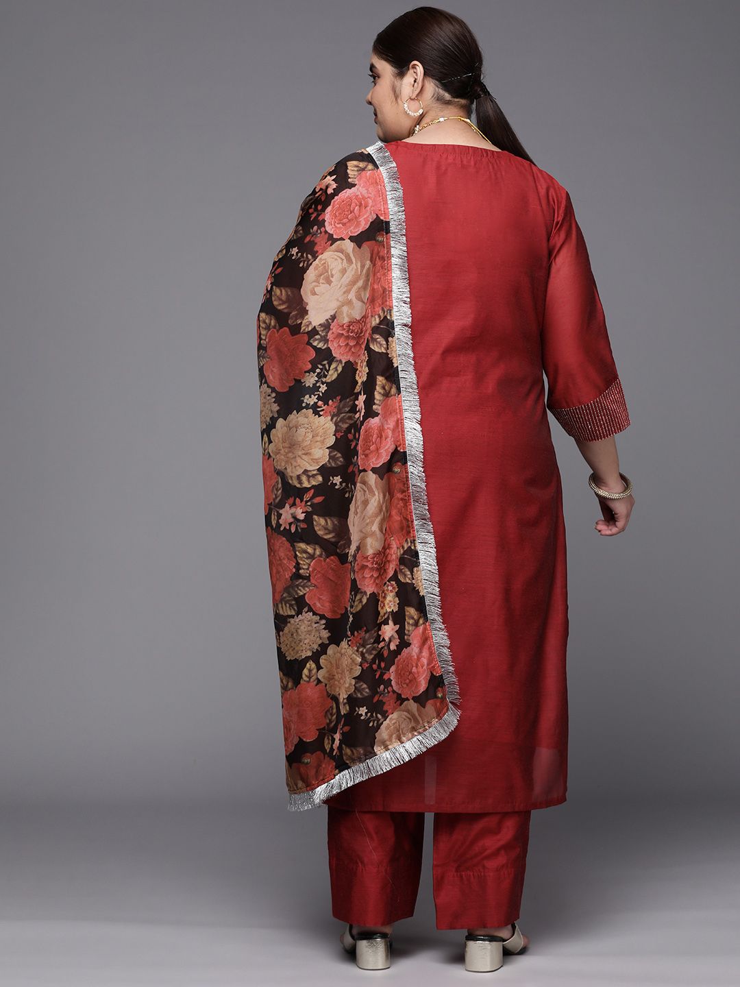 Dhiyona VA Women'sPlus Size Embroidered Chanderi Silk Kurta with Trousers & With Dupatta