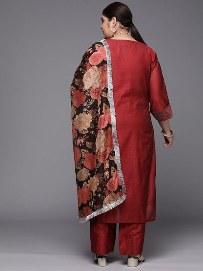 Dhiyona VA Women'sPlus Size Embroidered Chanderi Silk Kurta with Trousers & With Dupatta