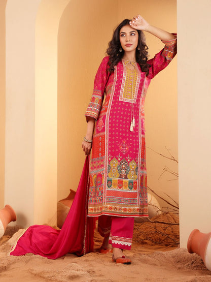 Dhiyona VA Women'sEthnic Motifs Printed Sequinned Chanderi Silk Kurta with Trousers And Dupatta