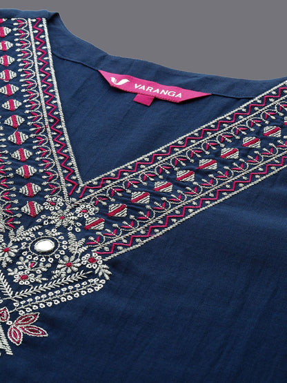 Dhiyona VA Women'sV Neck Ethnic Motifs Embroidered Regular Straight Kurta Set