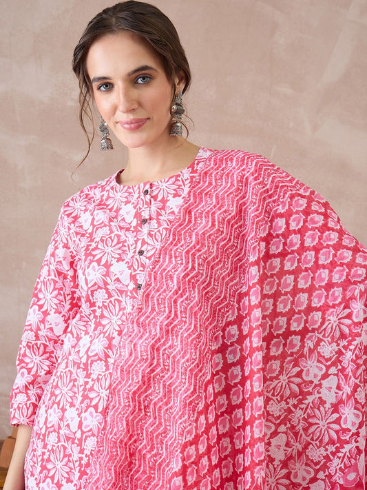 Women Floral Printed Regular Pure Cotton Kurta with Trousers & With Dupatta