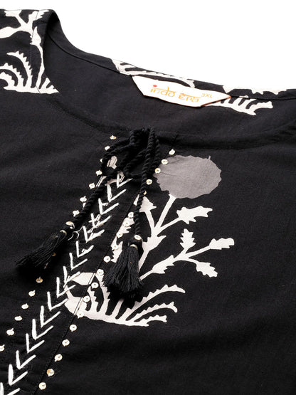 Plus Size Floral Printed Sequinned Pure Cotton Kurta with Trousers & With Dupatta