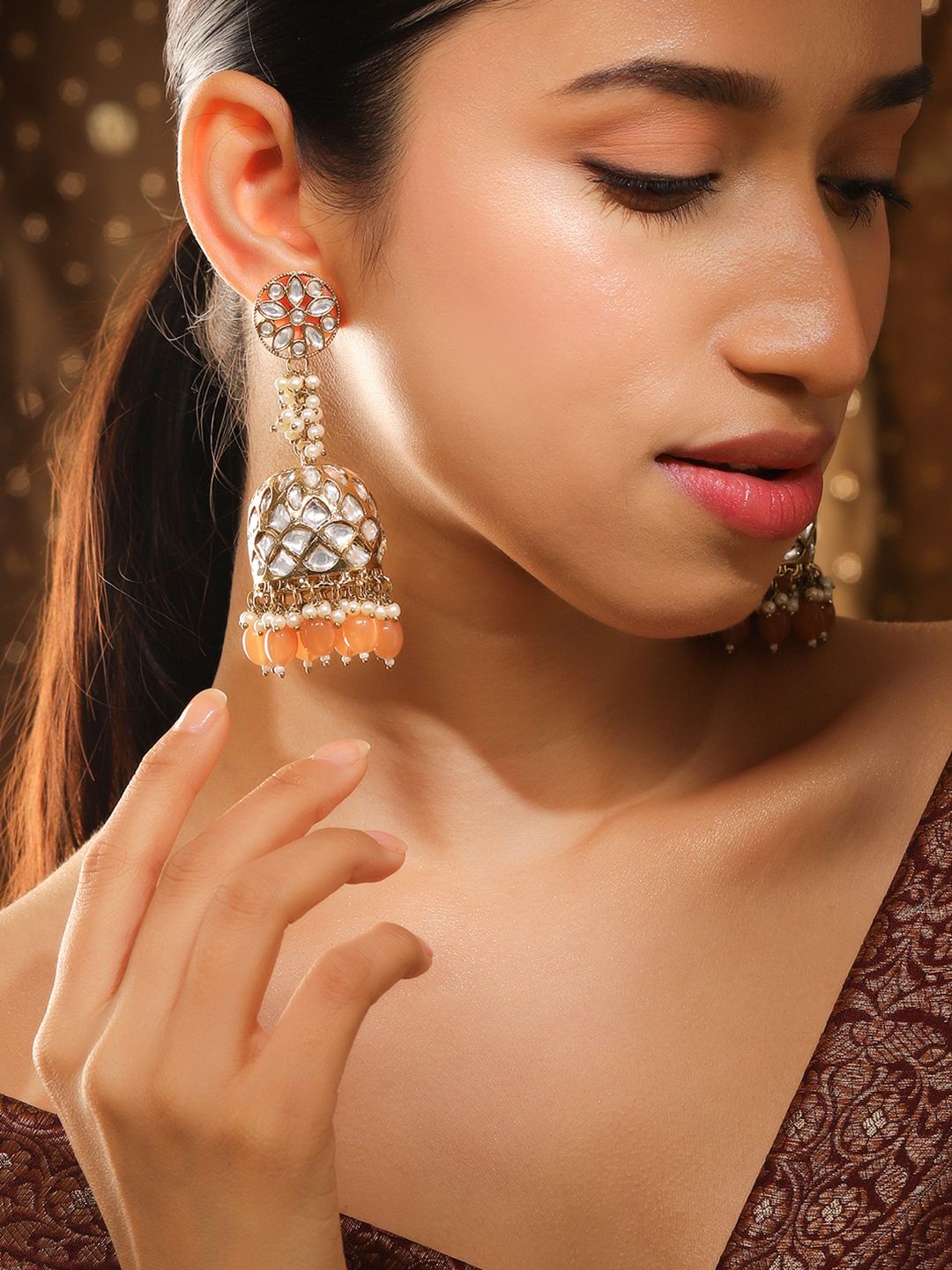 Dhiyona RJ Women's Handcrafted 22K Gold Plated Kundan Studded Dome Jhumka Earrings