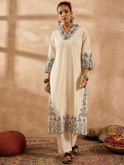 Women Floral Embroidered Regular Thread Work Pure Cotton Kurta with Trousers & With Dupatta