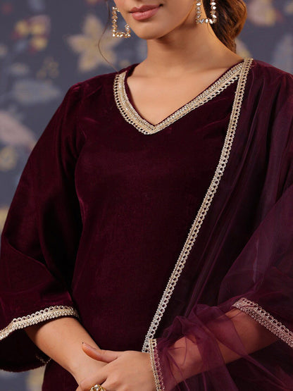 Dhiyona PD Women V-Neck Straight Velvet Kurta & Trousers With Dupatta