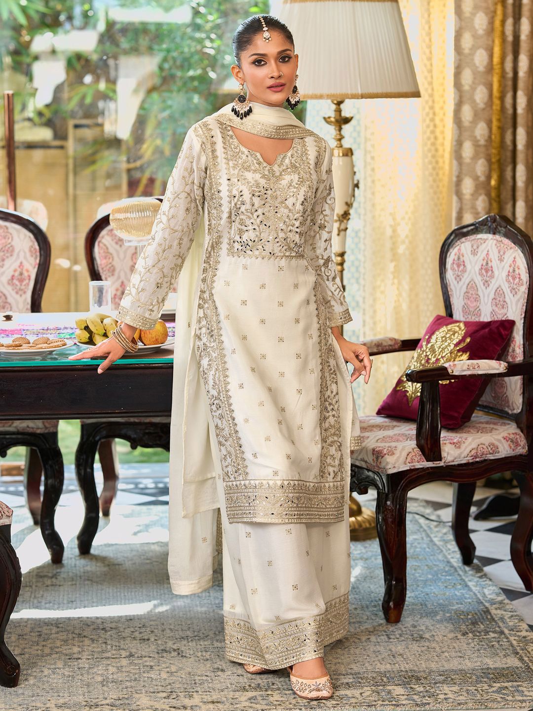 Dhiyona IE Floral Embroidered Notch Neck Mirror Work Straight Kurta With Palazzos & Dupatta