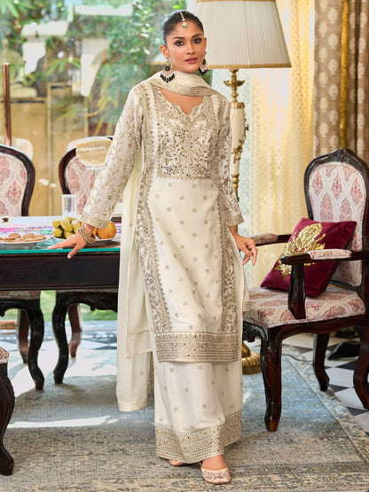 Dhiyona IE Floral Embroidered Notch Neck Mirror Work Straight Kurta With Palazzos & Dupatta