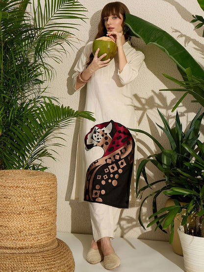 Animal Embroidered Thread Work Pure Cotton Kurta with Palazzos