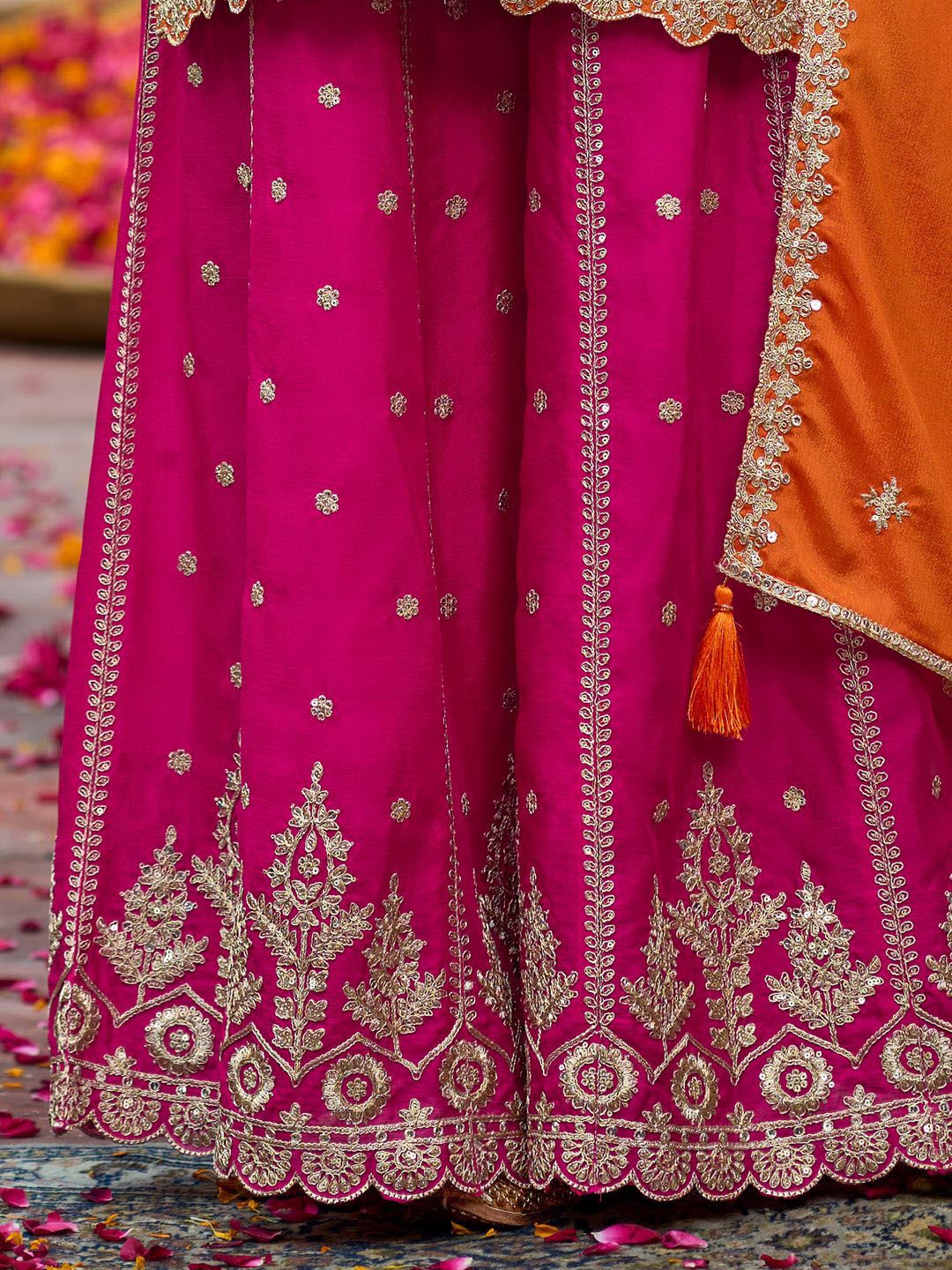 Floral Embroidered Sequinned Chinon Straight Kurta With Palazzos & Dupatta