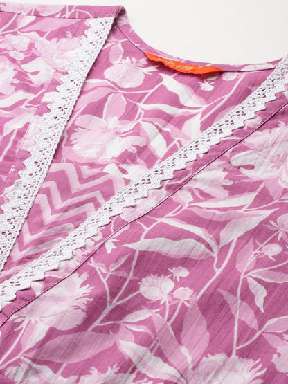 Dhiyona IE Women Floral Printed Regular Pure Cotton Kurta with Trousers & With Dupatta