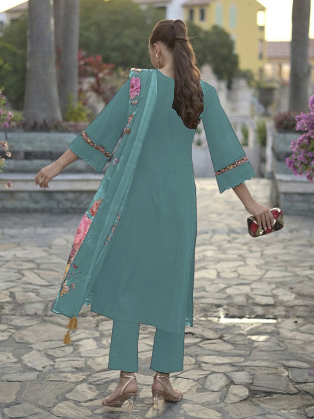 Dhiyona IE Floral Embroidered Pure Cotton Straight Kurta with Trousers & Dupatta