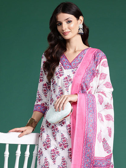 Dhiyona IE Women Floral Printed Regular Pure Cotton Kurta with Palazzos & With Dupatta