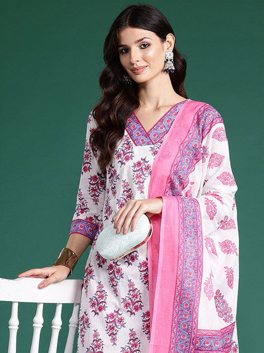 Dhiyona IE Women Floral Printed Regular Pure Cotton Kurta with Palazzos & With Dupatta