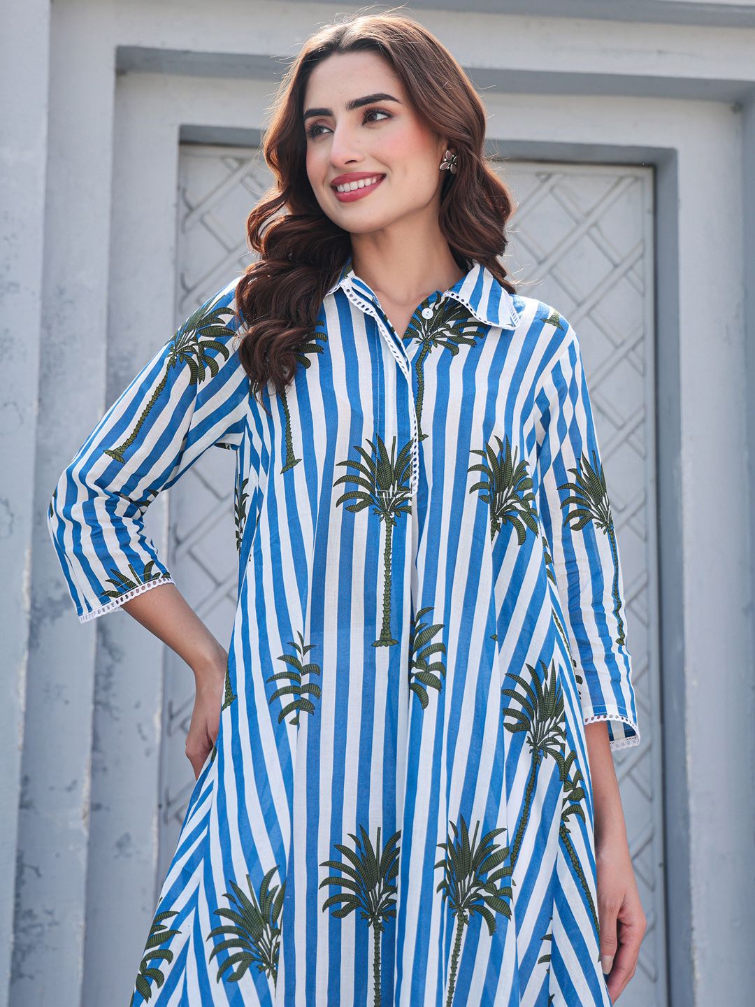 Floral Printed Shirt Collar Pure Cotton A-Line Kurta With Trousers