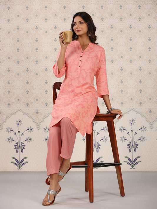 Dhiyona OD  Coral & White Floral Printed Mandarin Collar Kurta With Palazzos