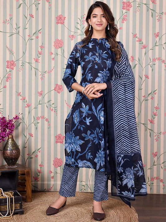 Dhiyona OD  Floral Printed Regular Pure Cotton Kurta with Trousers & Dupatta