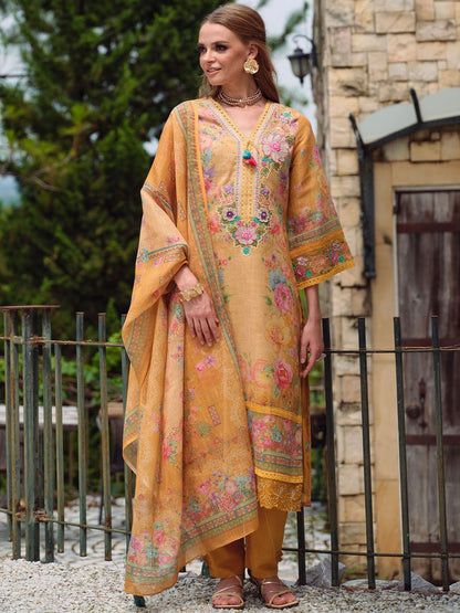 Women Floral Embroidered Beads and Stones Linen Kurta, Trousers With Dupatta