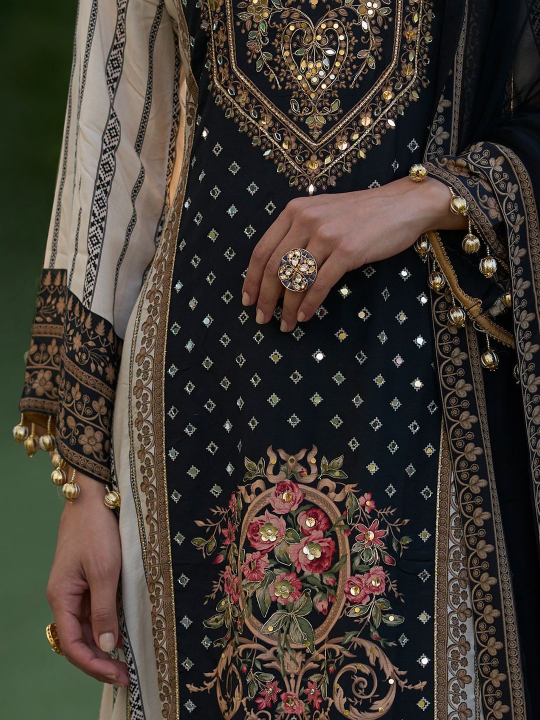 Floral Printed Sweetheart Neck Mirror Work Straight Kurta With Palazzos & Dupatta