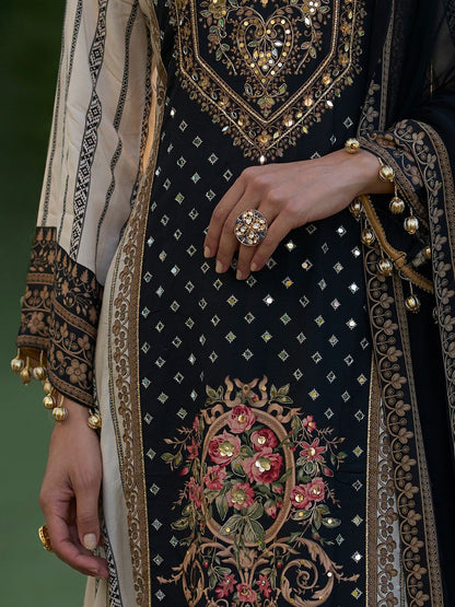 Floral Printed Sweetheart Neck Mirror Work Straight Kurta With Palazzos & Dupatta