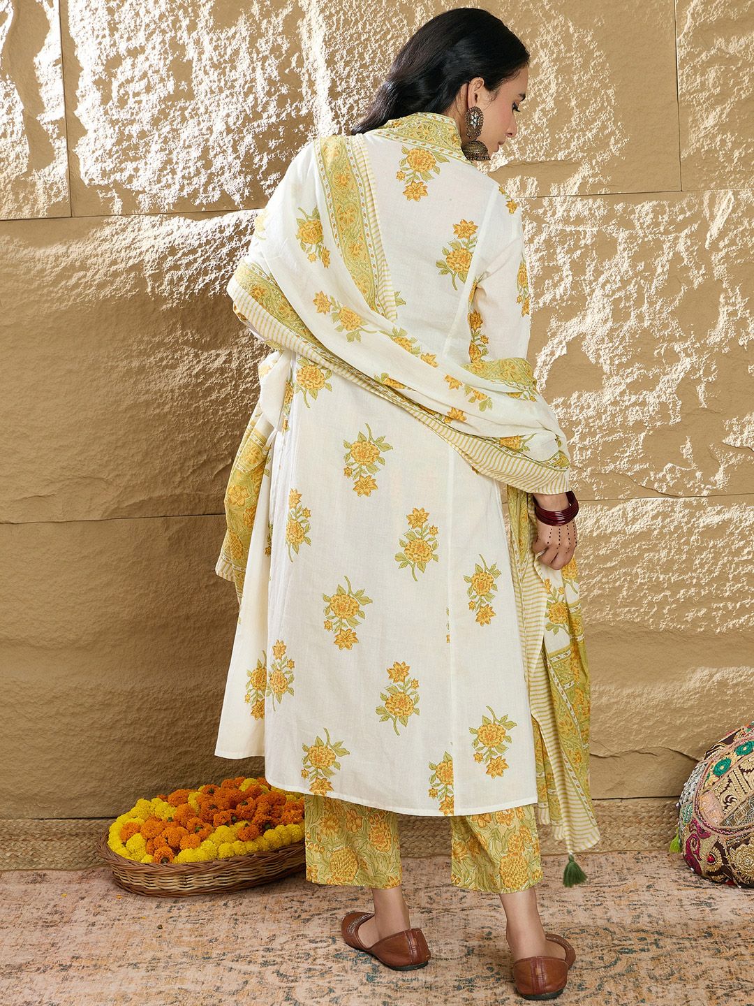 Floral Printed Pleated Beads and Stones Pure Cotton Kurta with Trousers & Dupatta