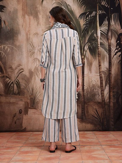 Dhiyona SN Women's Striped Pure Cotton Kurta With Palazzos & Dupatta