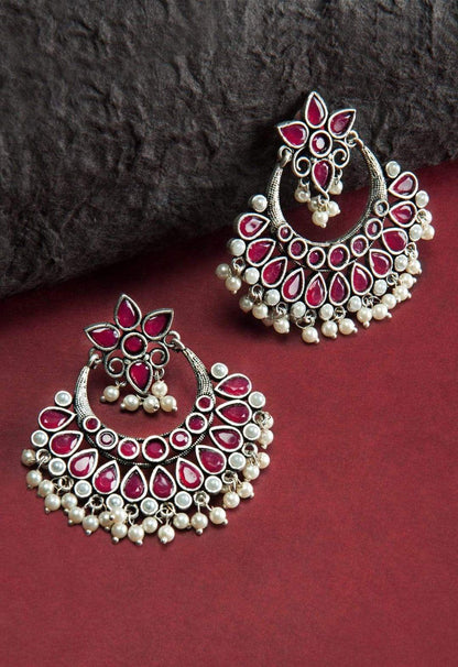 Dhiyona RJ Women's Oxidised Silver Plated Ruby & Pearl Studded Traditional Chandbali Earrings