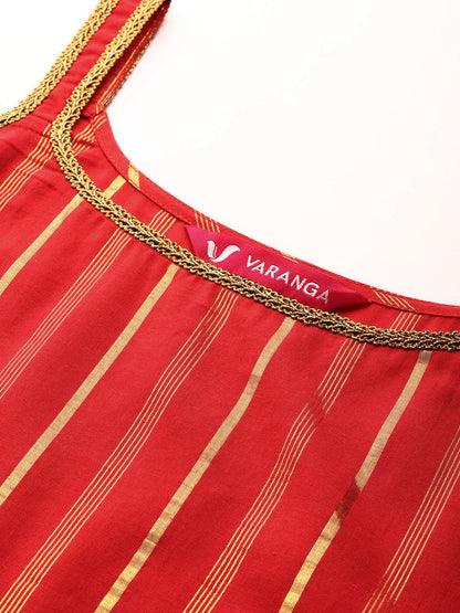 Dhiyona VA Women's Red Gotta Patti Pure Cotton Kurta with Trousers & Dupatta