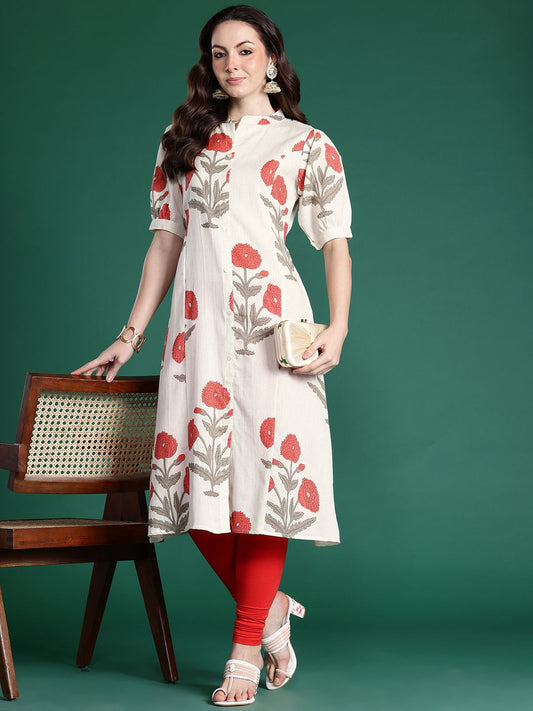 Dhiyona IE Floral Printed Puff Sleeves Pure Cotton Kurta