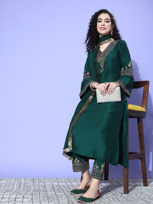 Dhiyona VA Women'sGreen Zari Embroidered Flared Sleeves Kurta with Trouser & Dupatta