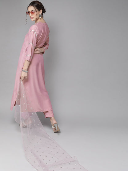 Dhiyona VA Women'sRich Mauve And Silver Embroidered Kurta Set