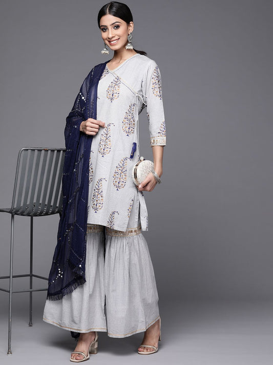 Dhiyona VA Women's Grey & Navy Ethnic Printed Angrakha Pure Cotton Kurta with Sharara & Dupatta