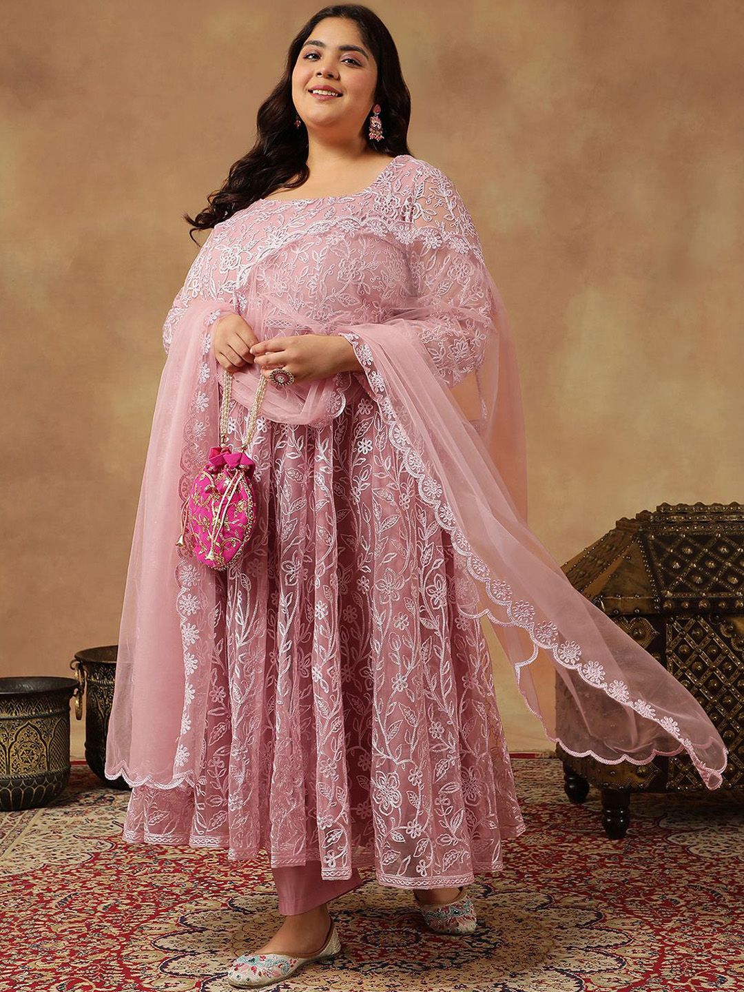 Dhiyona IN Floral Embroidered Regular Thread Work Anarkali Kurta With Trousers & Dupatta